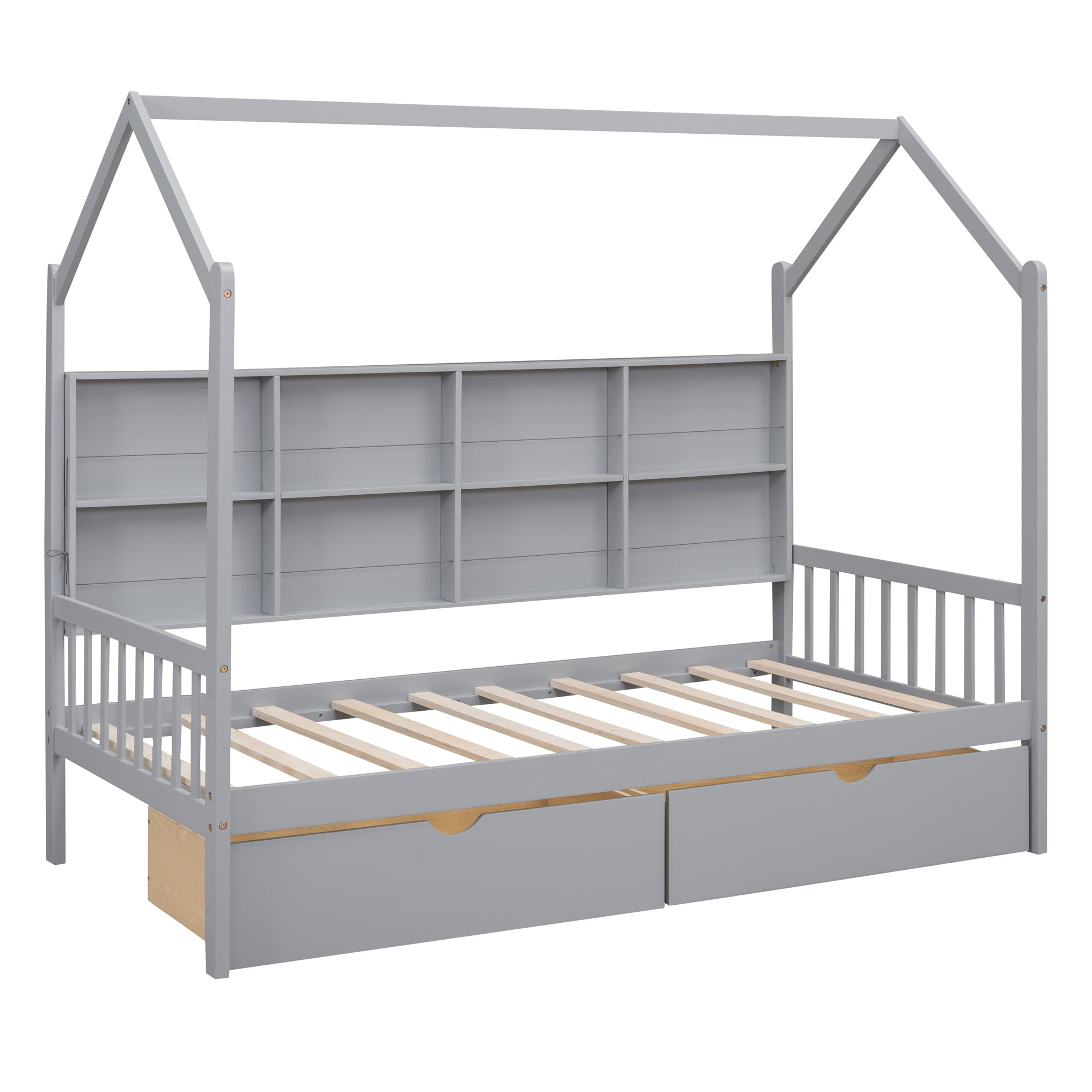 Wooden Twin Size House Bed with 2 Drawers,Kids Bed gray-solid wood