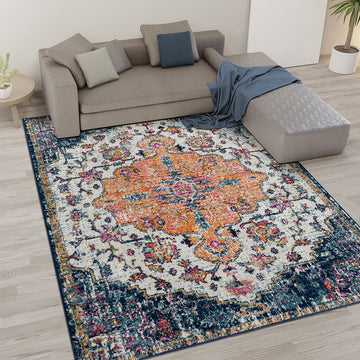 Boho Medallion Woven Area Rug Blue Multi Polyester