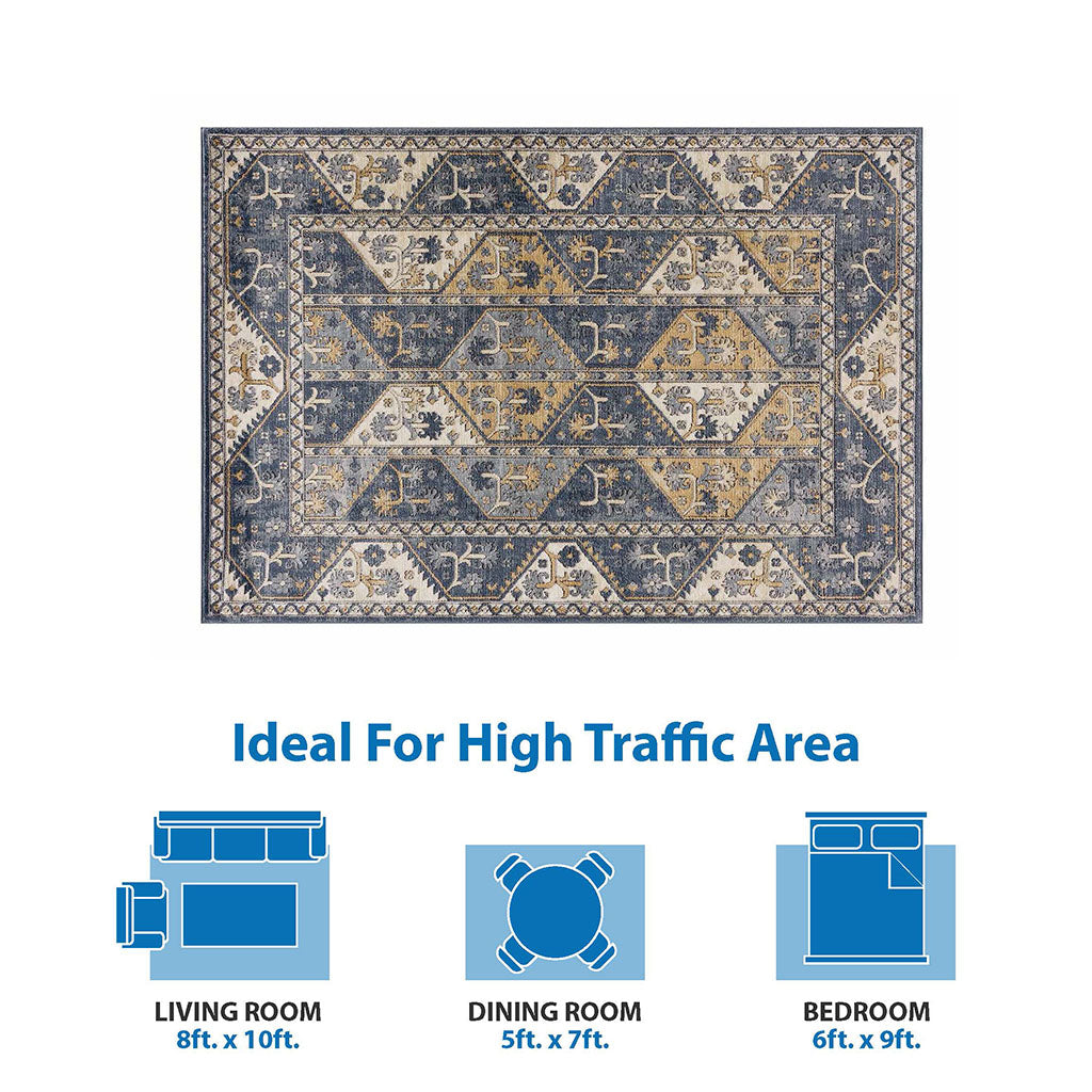 Tiled Border Area Rug Blue Cream Polyester