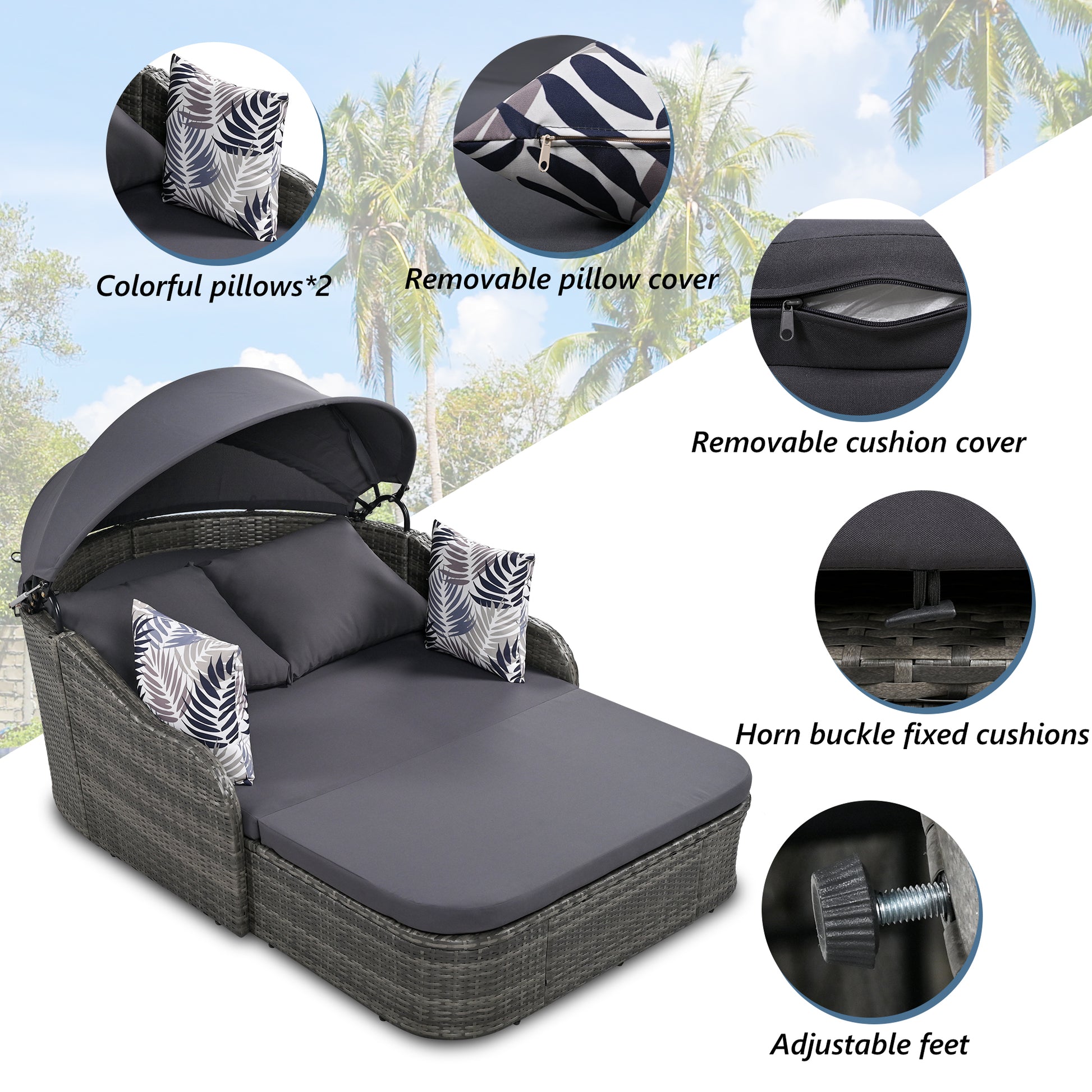 79.9" Outdoor Sunbed With Adjustable Canopy, Double Lounge, Pe Rattan Daybed, Gray Wicker And Cushion Yes Gray Wicker