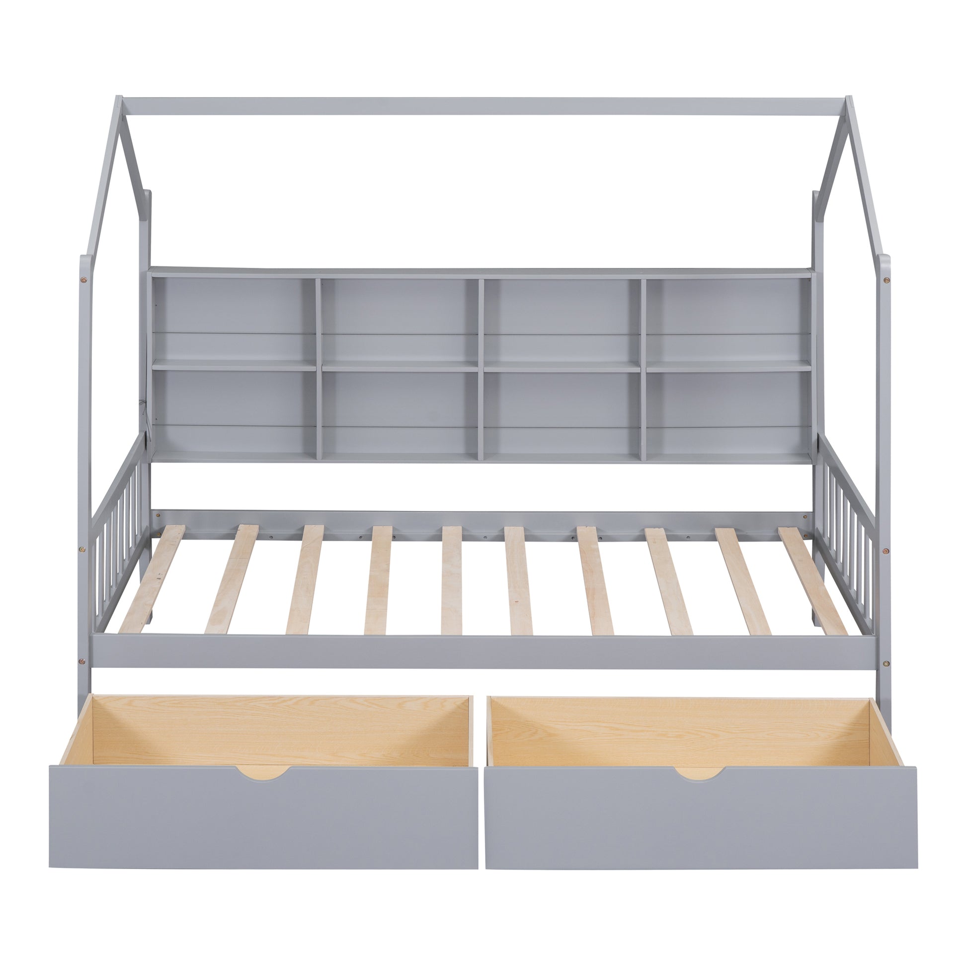 Wooden Twin Size House Bed With 2 Drawers,Kids Bed With Storage Shelf, Gray Twin Gray Solid Wood