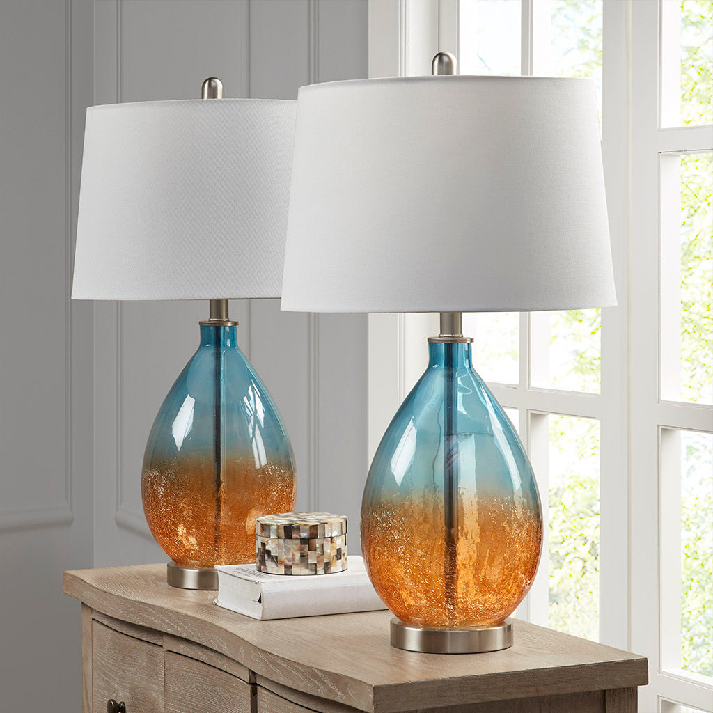 Cortina Ombre Glass Table Lamp, Set Of 2 Blue Cotton