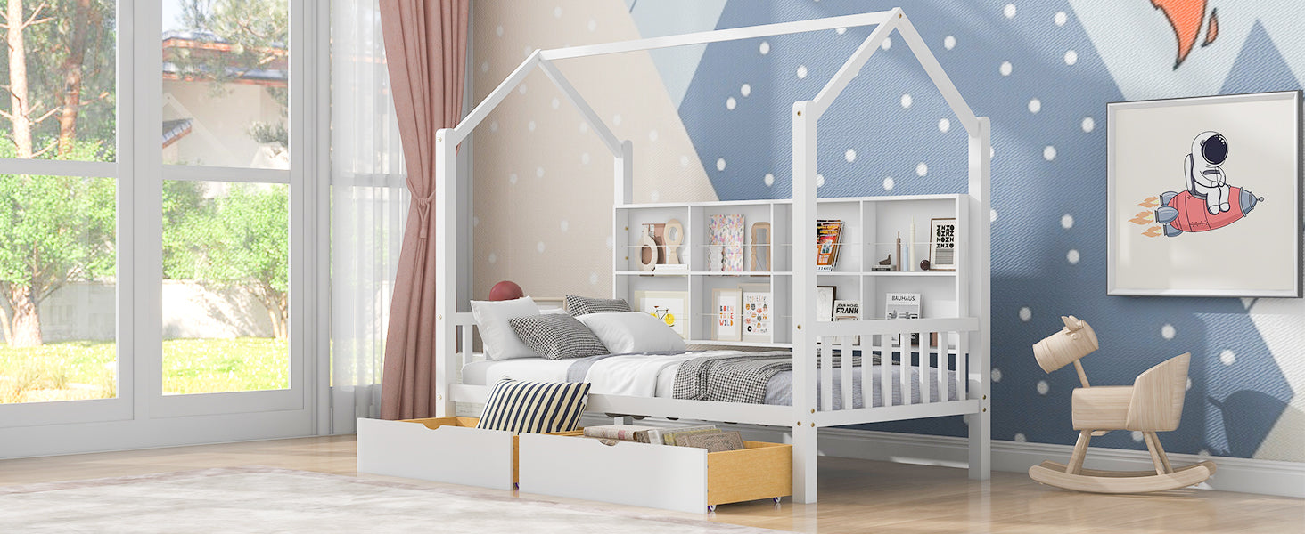 Wooden Twin Size House Bed with 2 Drawers,Kids Bed white-solid wood