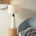 Triangular Ceramic And Wood Table Lamp White Base Cream Shade Polyester