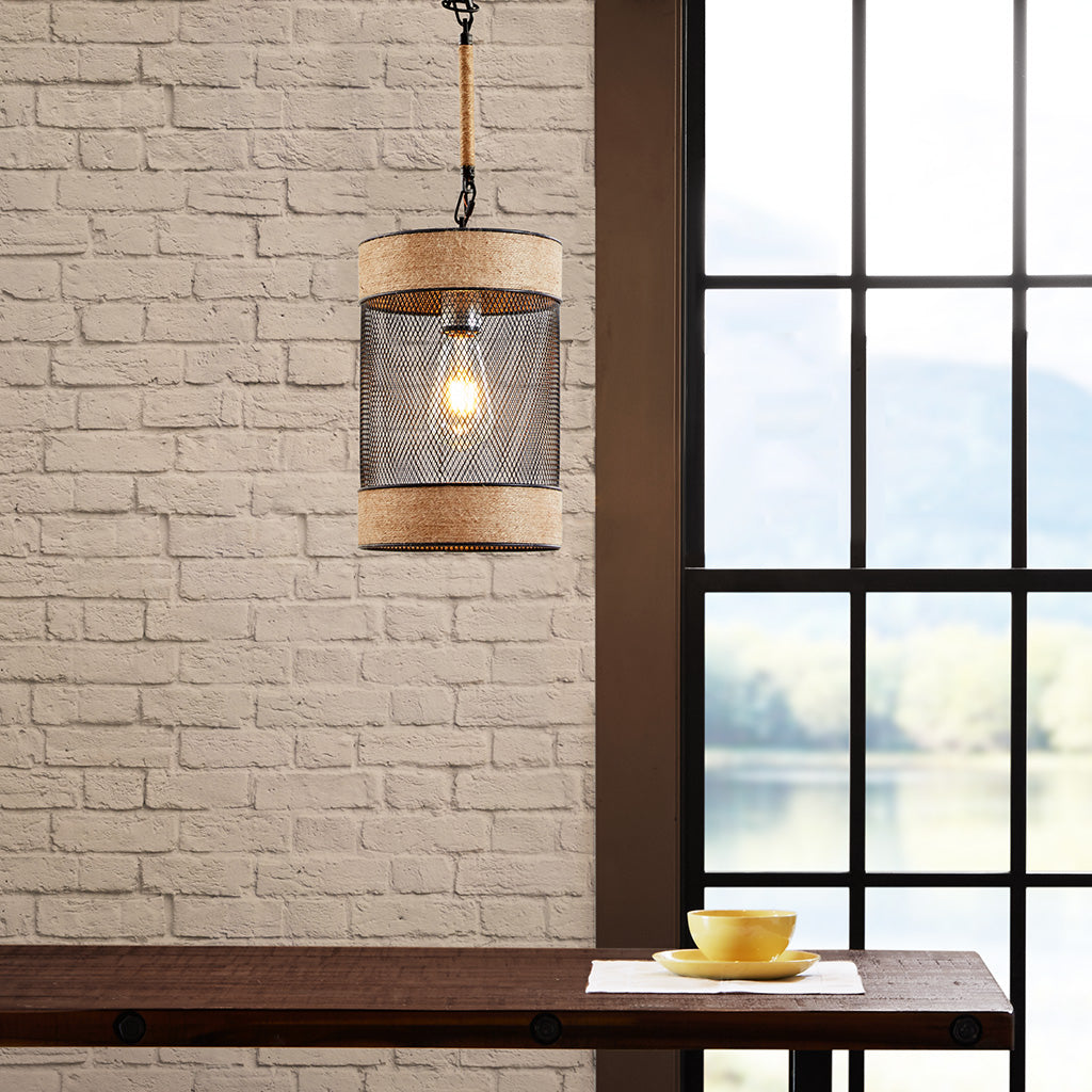 Natural Rope And Metal Mesh Cylinder Pendant Natural Black Iron