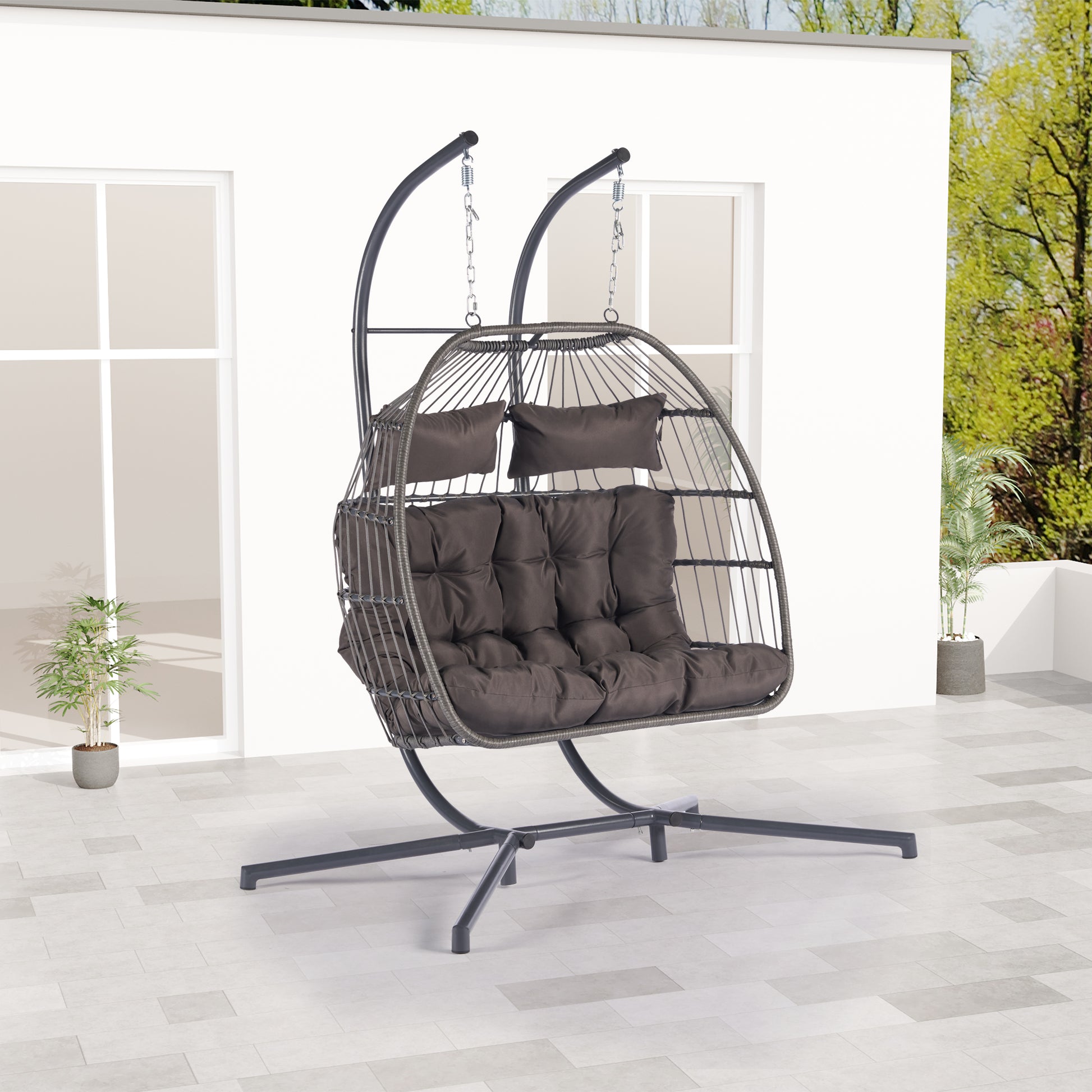 2 Person Outdoor Rattan Hanging Chair Patio Wicker Egg Chair Yes Sectional Dark Gray Uv Resistant Frame Water Resistant Cushion Garden & Outdoor American Design,American Traditional 2 Person Seating Group Polyester Rattan