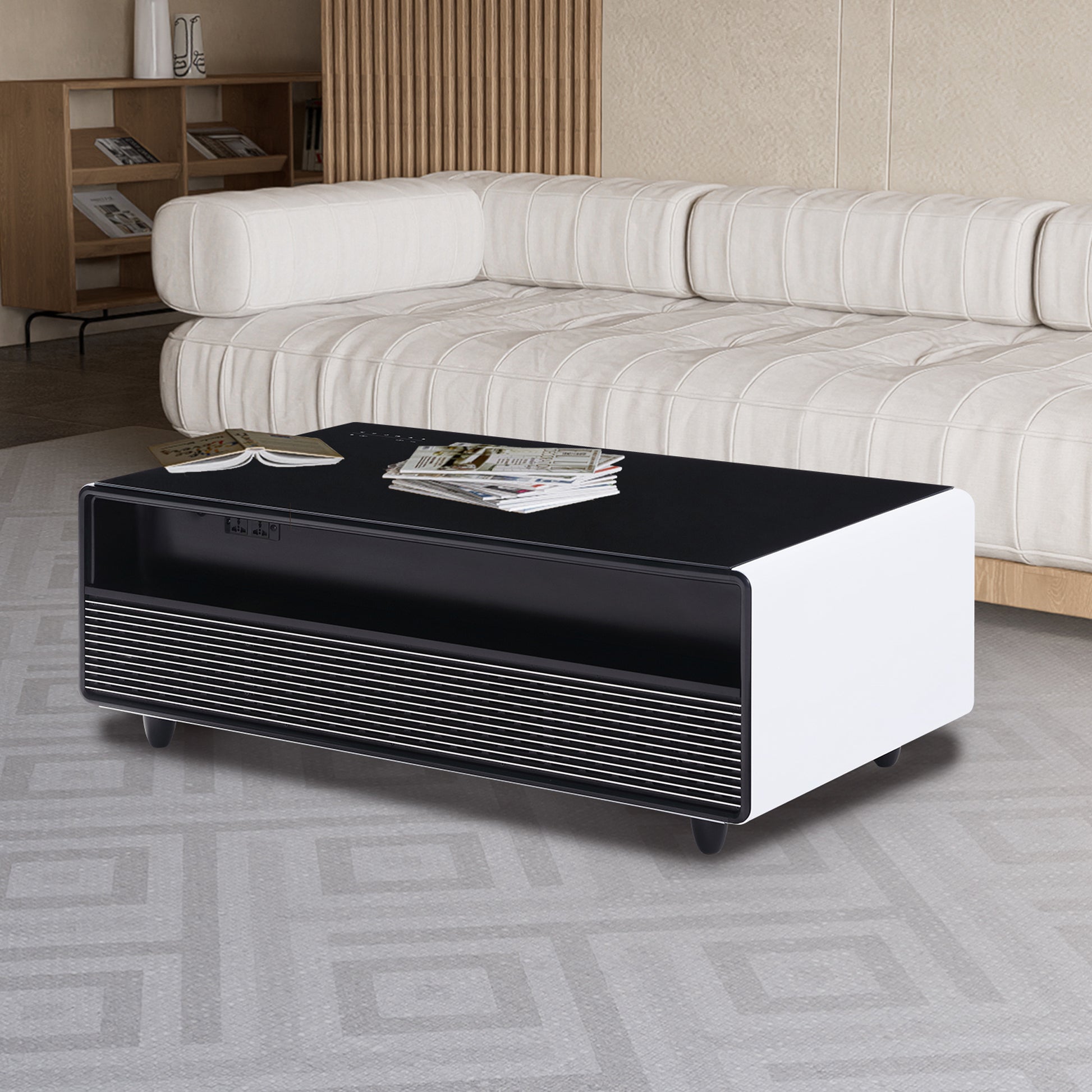 Modern Smart Coffee Table with Built in Fridge white+black-built-in outlets or usb-primary