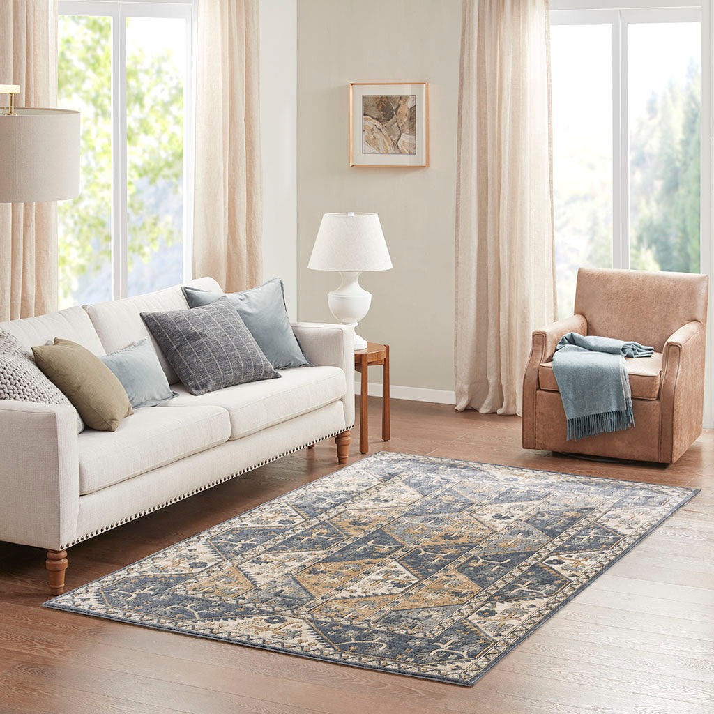 Tiled Border Area Rug Blue Cream Polyester