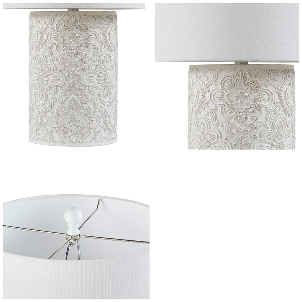 Embossed Floral Resin Table Lamp Ivory Cotton