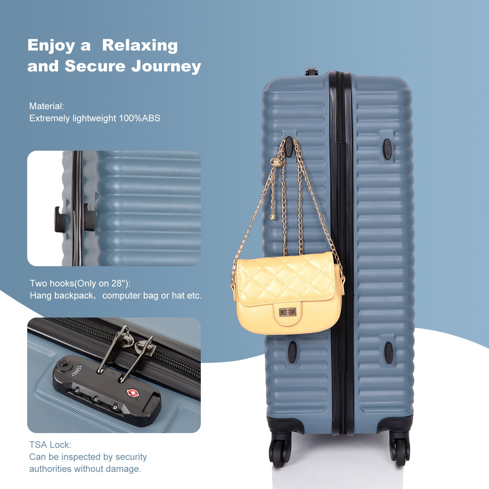3 Piece Luggage Sets ABS Lightweight Suitcase with Two blue-abs