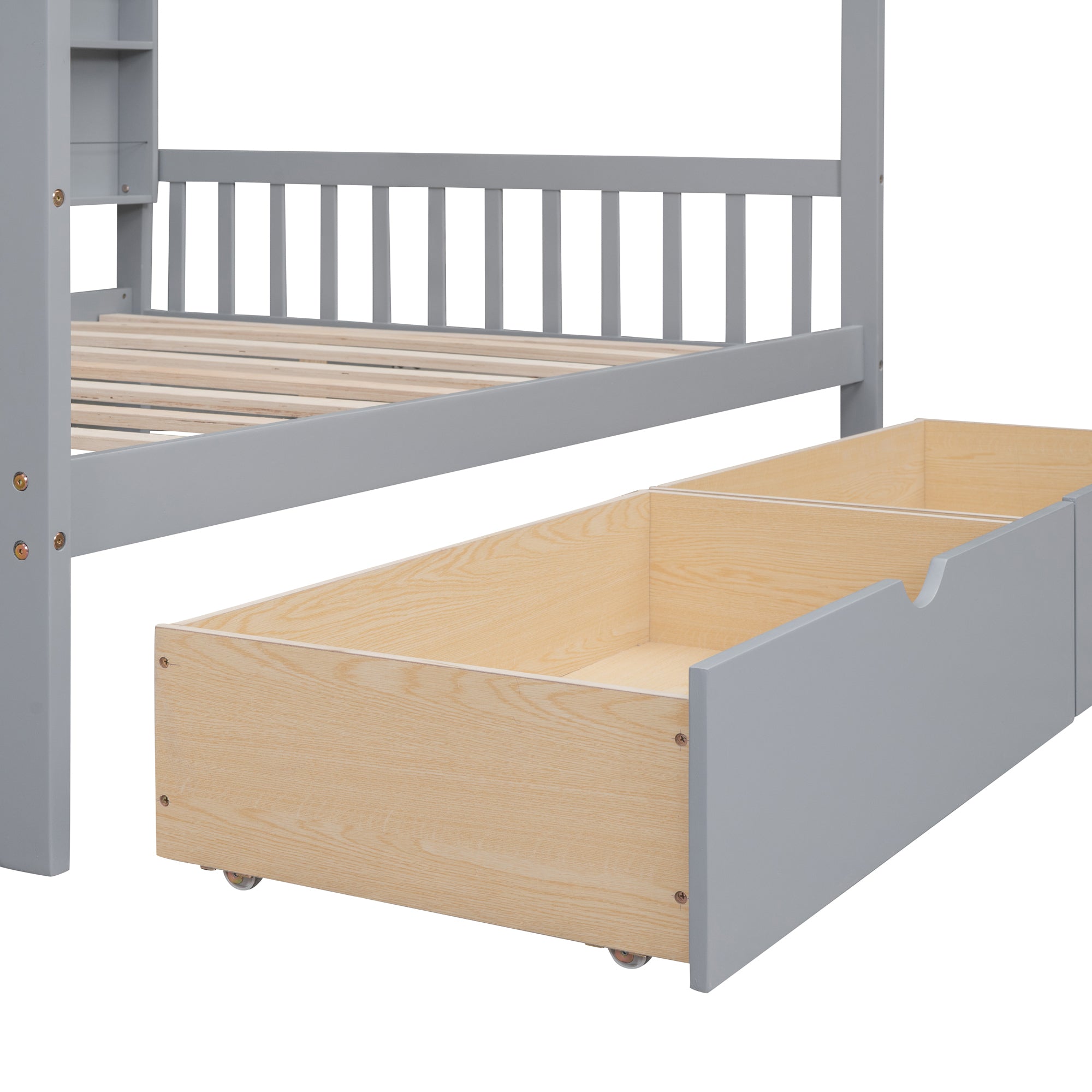 Wooden Full Size House Bed with 2 Drawers,Kids Bed gray-solid wood