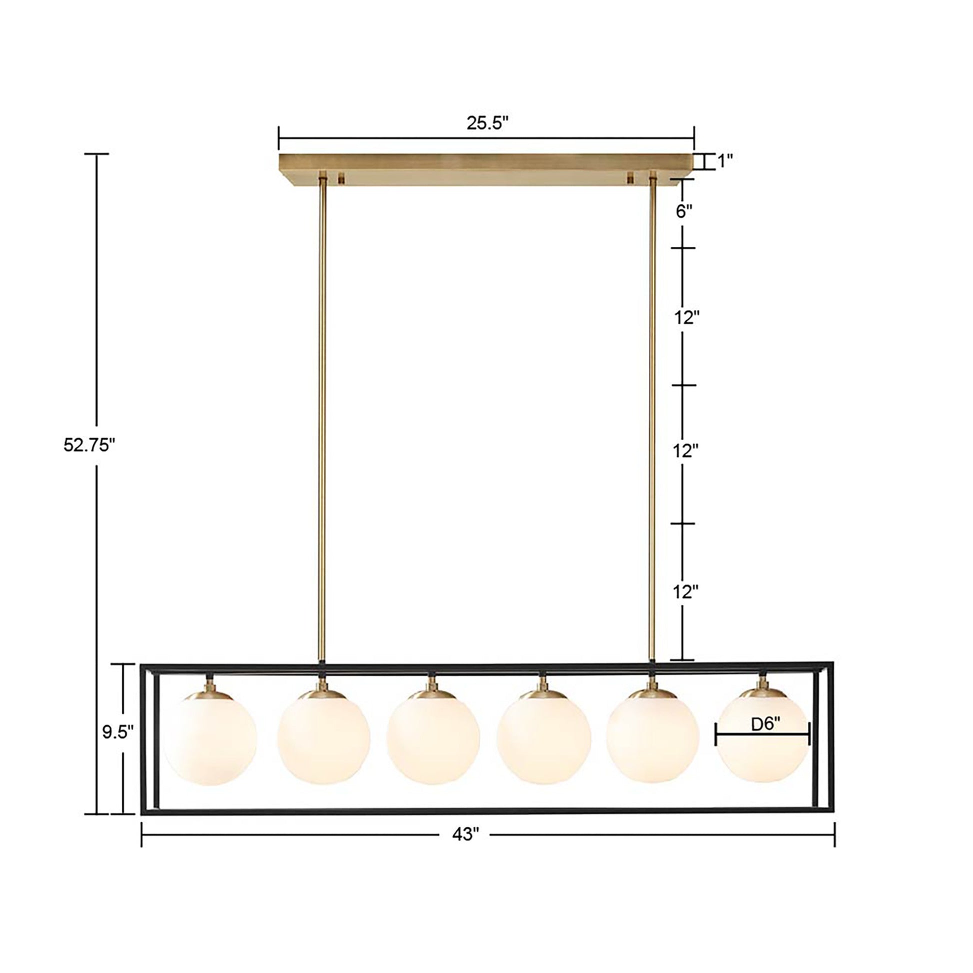 Helena 6 Light Frosted Glass Globe Linear Chandelier Black Cotton