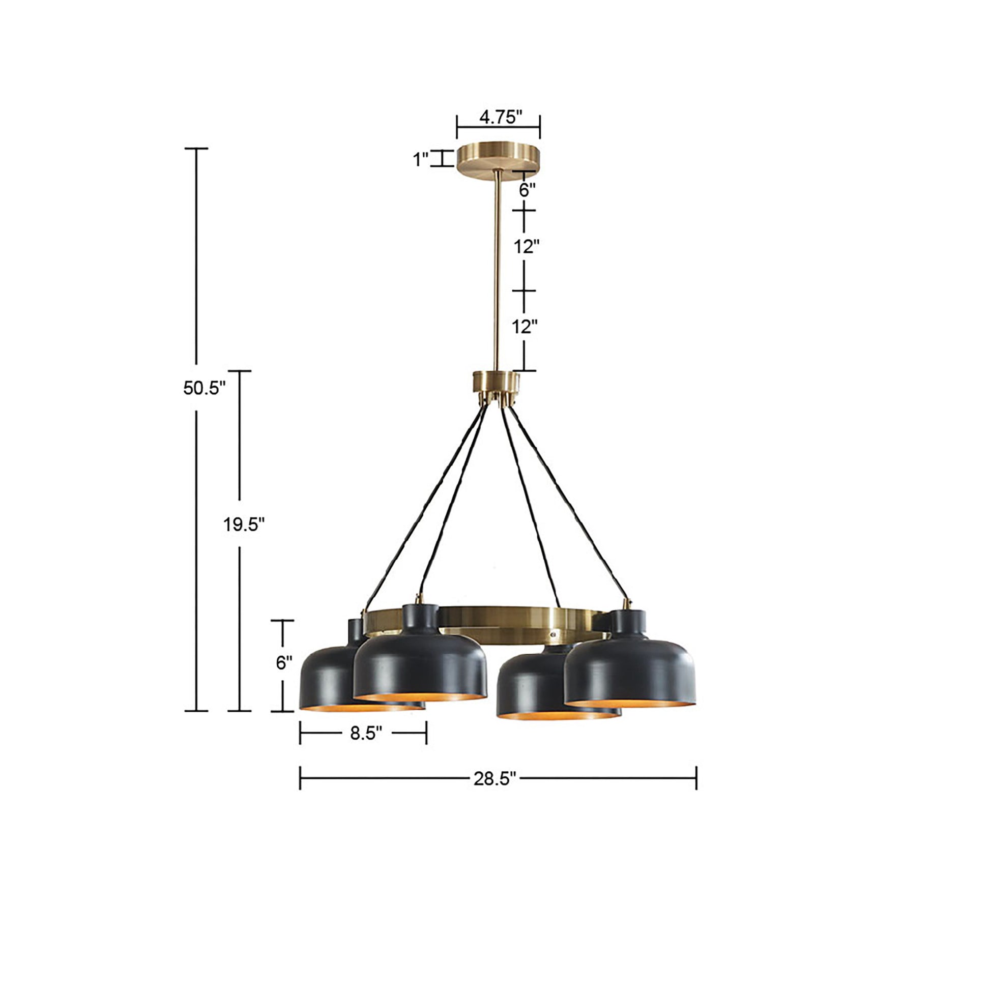 4 Light Metal Shade Chandelier Black Gold Iron