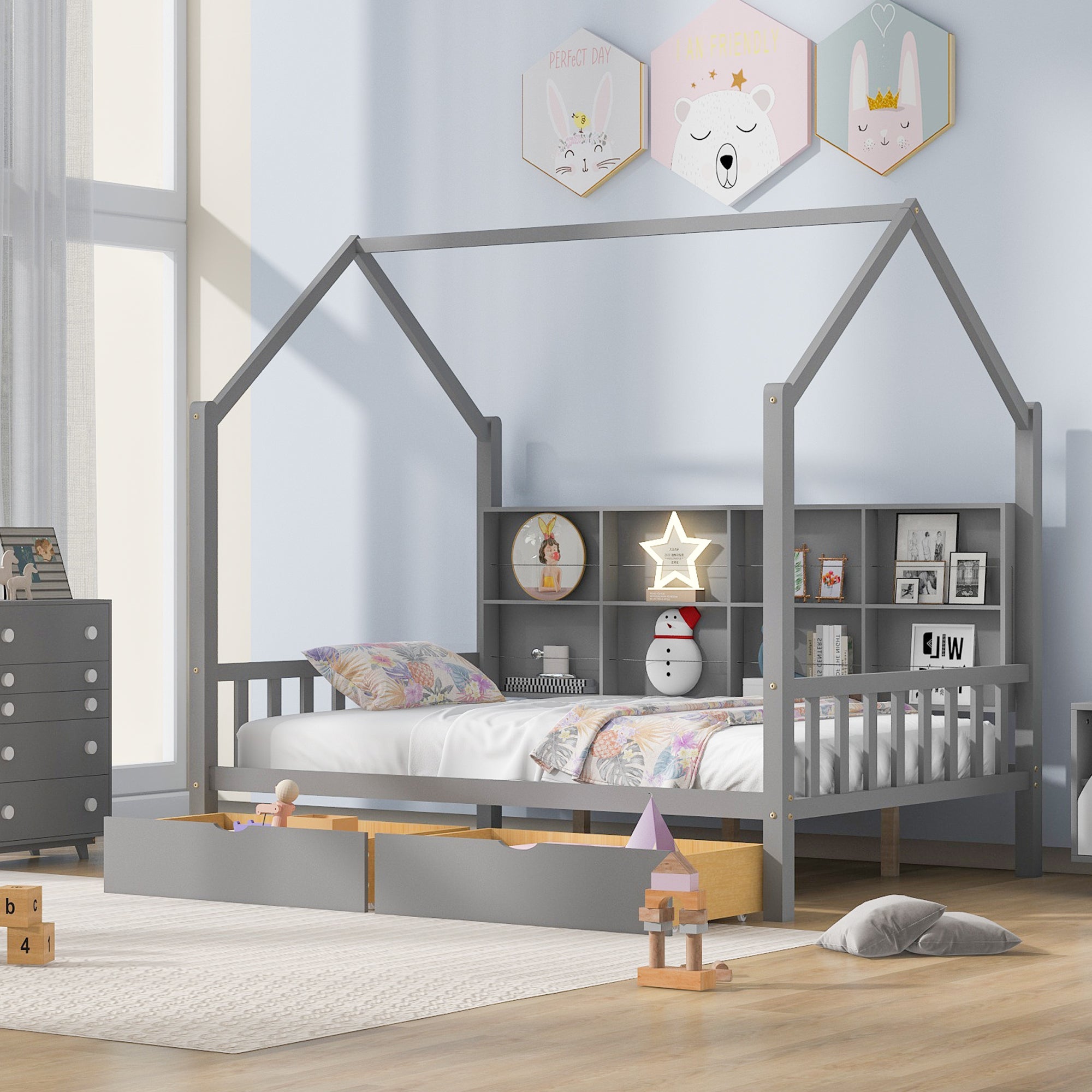 Wooden Full Size House Bed with 2 Drawers,Kids Bed gray-solid wood
