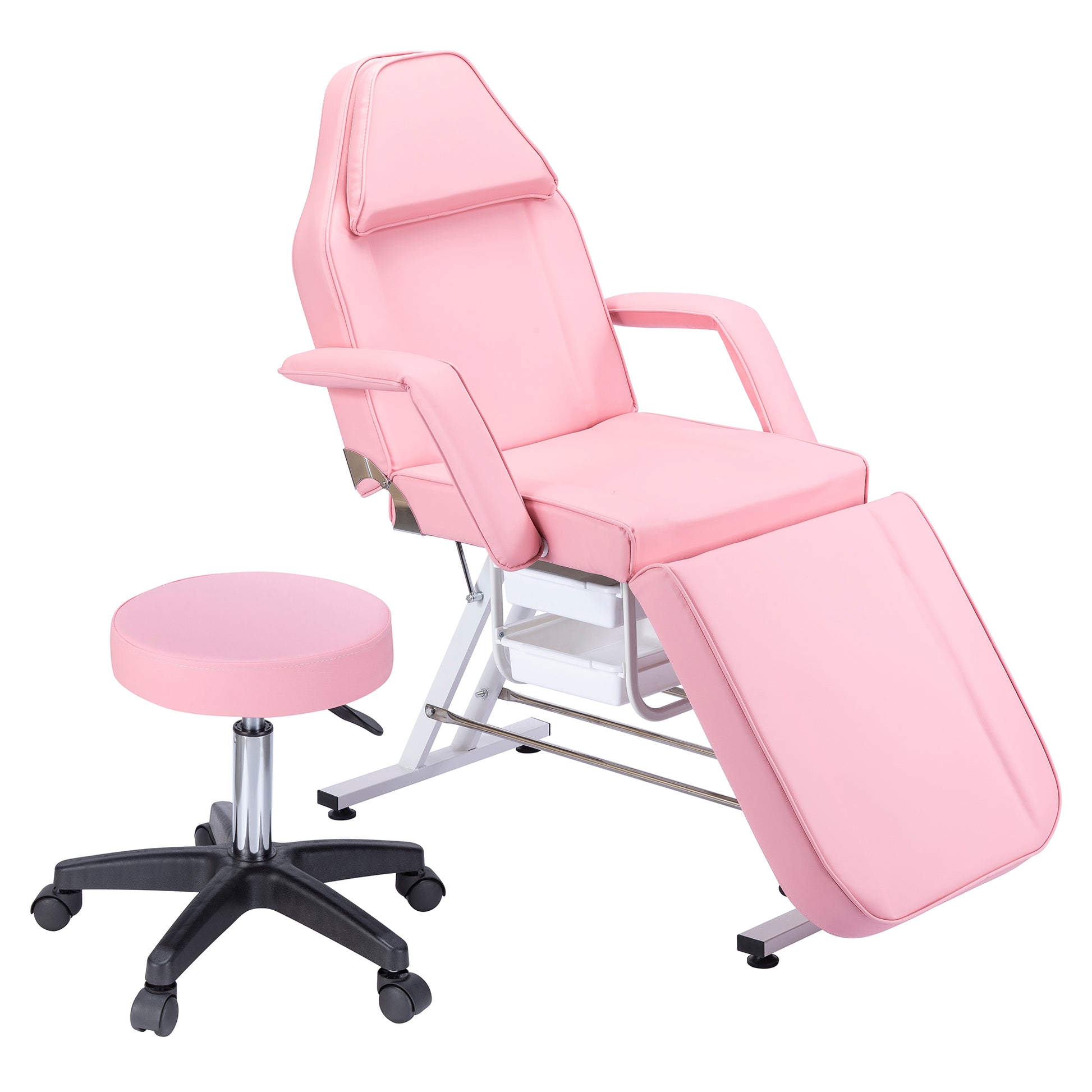 Massage Salon Tattoo Chair With Two Trays Esthetician Bed With Hydraulic Stool,Multi Purpose 3 Section Facial Bed Table, Adjustable Beauty Barber Spa Beauty Equipment, Pink Pink Metal