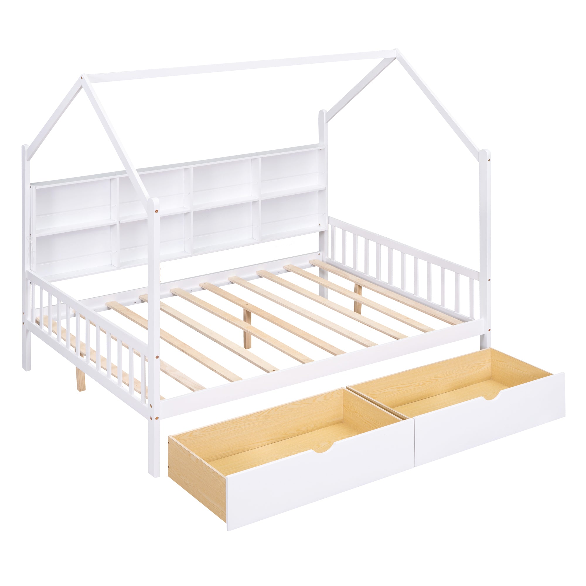 Wooden Full Size House Bed with 2 Drawers,Kids Bed white-solid wood