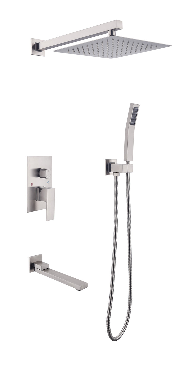 Wall Mounted Shower System Combo With Hand Shower, 16 Inch Shower Head And Tub Spout Brushed Nickel Brass