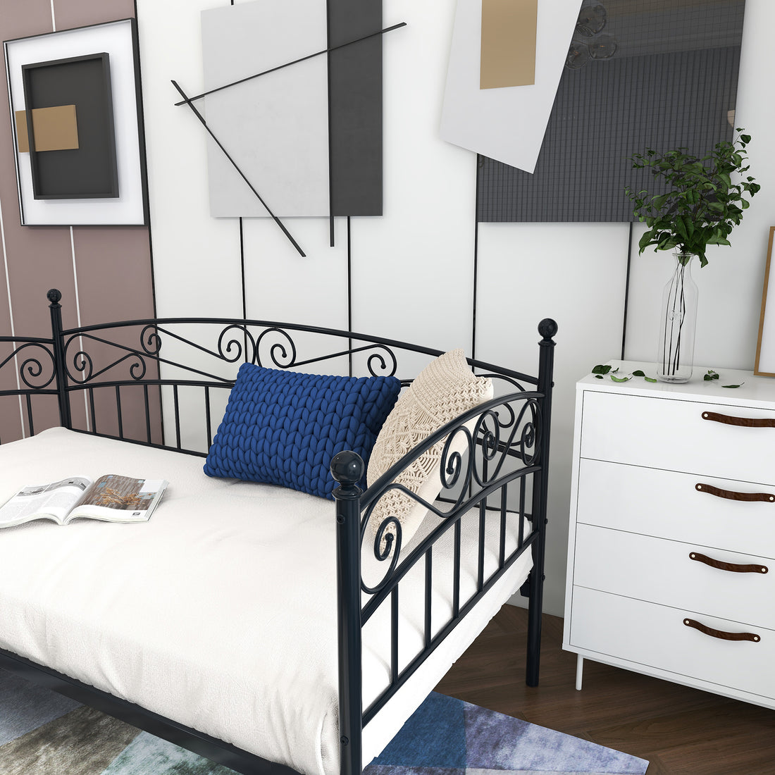 Metal Daybed Frame Multifunctional Mattress Foundation Bed Sofa With Headboard, Twin, Black Box Spring Not Required Twin Black Metal Bedroom Metal