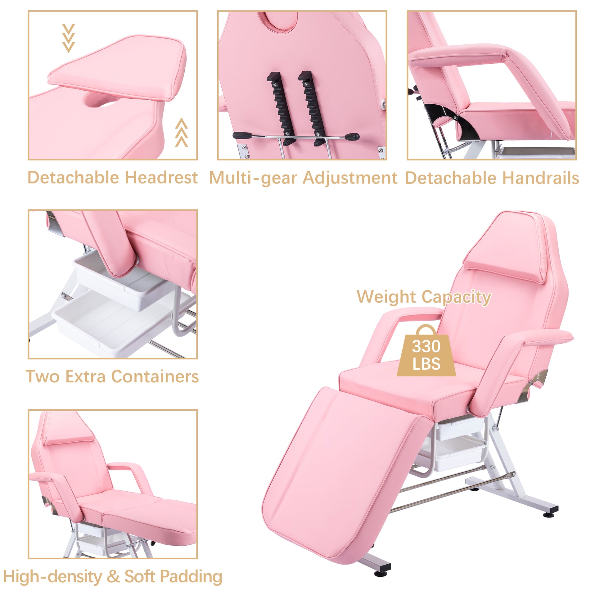 Massage Salon Tattoo Chair With Two Trays Esthetician Bed With Hydraulic Stool,Multi Purpose 3 Section Facial Bed Table, Adjustable Beauty Barber Spa Beauty Equipment, Pink Pink Metal