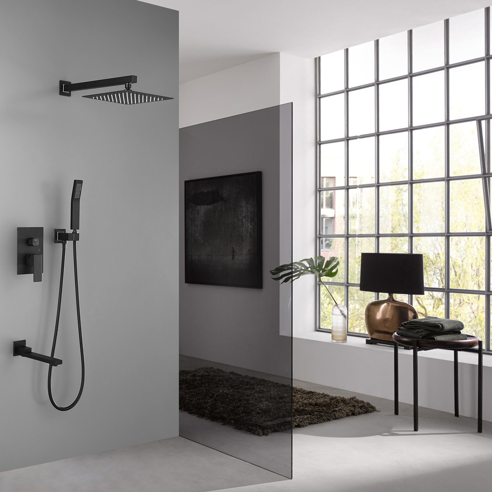 Shower System 16 Inch Square Bathroom Luxury Rain matte black-brass