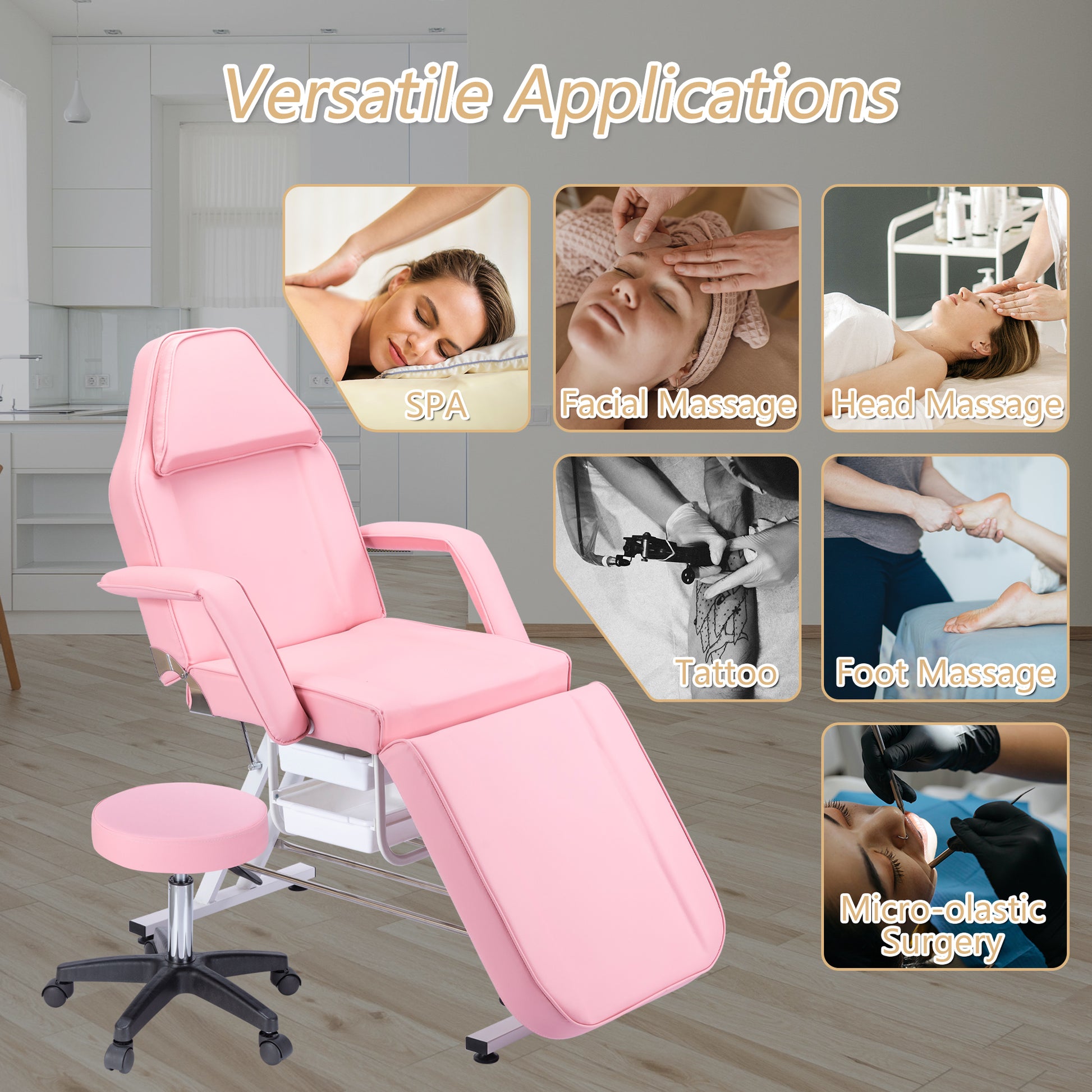 Massage Salon Tattoo Chair With Two Trays Esthetician Bed With Hydraulic Stool,Multi Purpose 3 Section Facial Bed Table, Adjustable Beauty Barber Spa Beauty Equipment, Pink Pink Metal