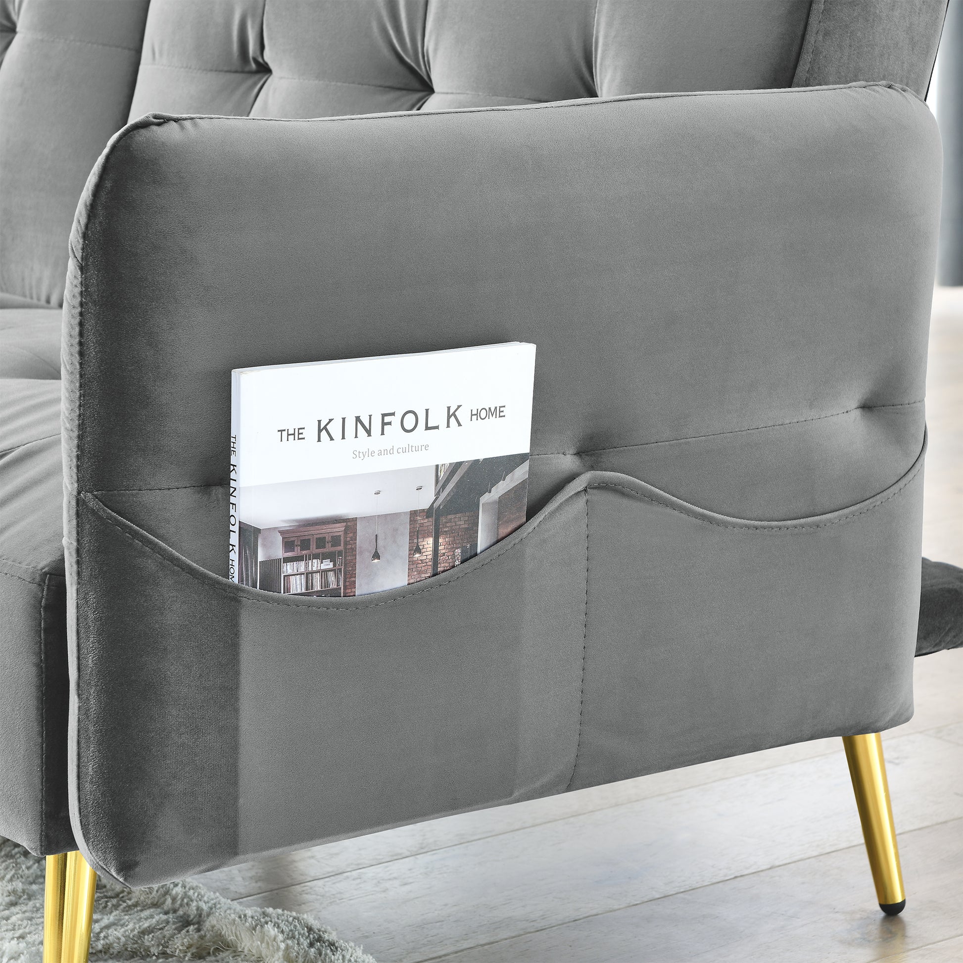 78" Italian Velvet Futon Sofa Bed, Convertible Sleeper Loveseat Couch With Folded Armrests And Storage Bags For Living Room And Small Space, Grey 280G Velvet Gray Foam Solid Wood