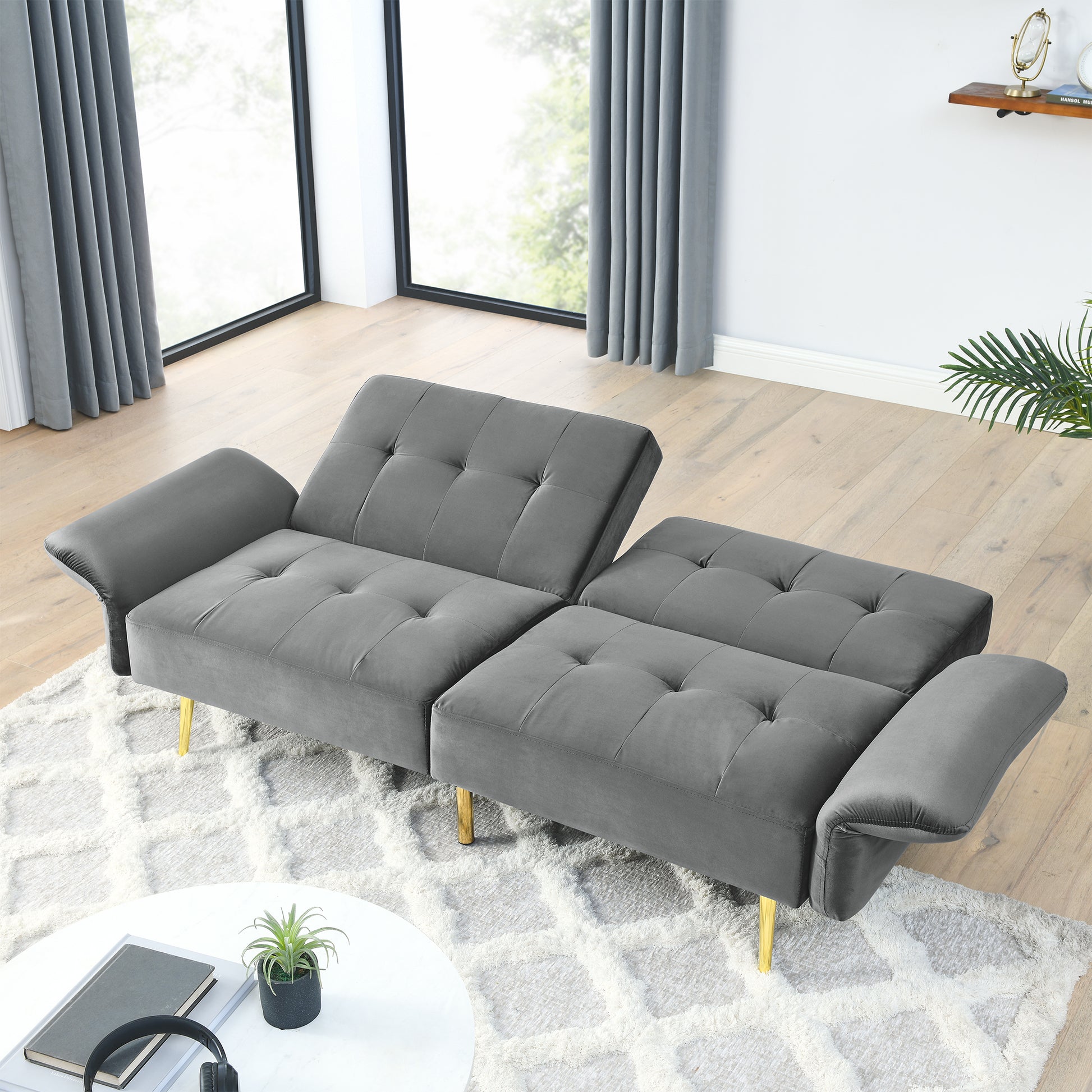 78" Italian Velvet Futon Sofa Bed, Convertible Sleeper Loveseat Couch With Folded Armrests And Storage Bags For Living Room And Small Space, Grey 280G Velvet Gray Foam Solid Wood