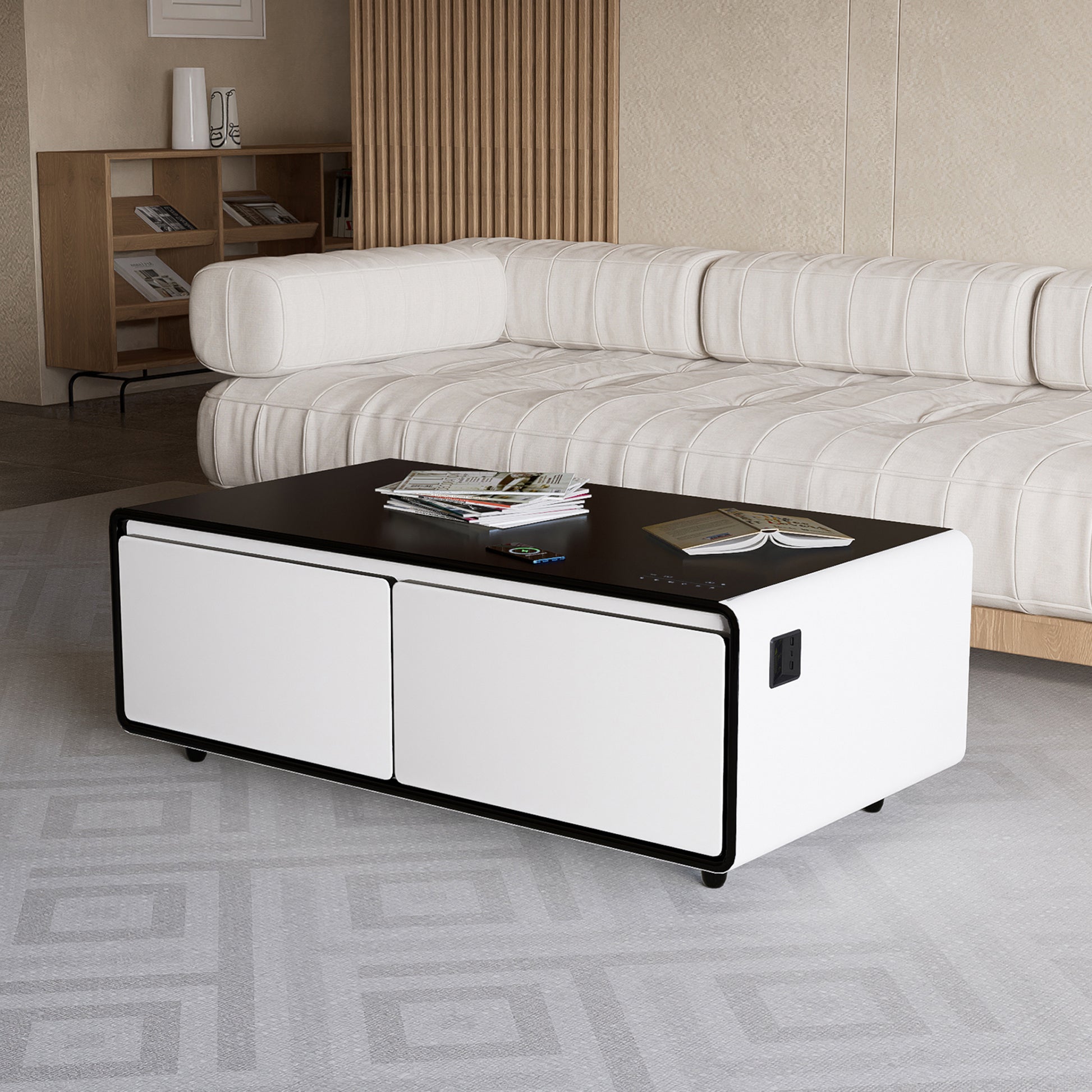 Modern Smart Coffee Table with Built in Fridge white+black-abs