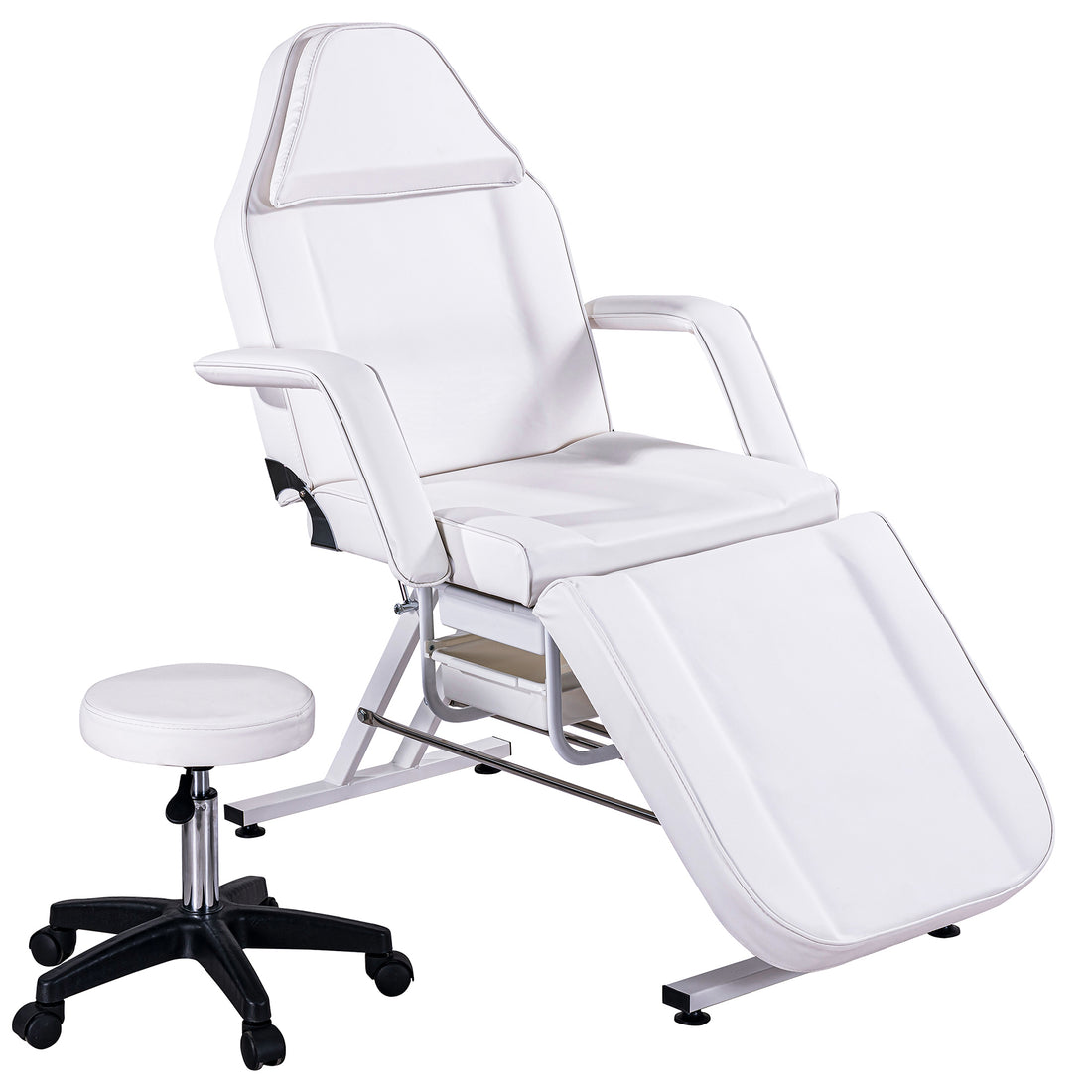 Massage Salon Tattoo Chair With Two Trays Esthetician Bed With Hydraulic Stool,Multi Purpose 3 Section Facial Bed Table, Adjustable Beauty Barber Spa Beauty Equipment, White White Metal