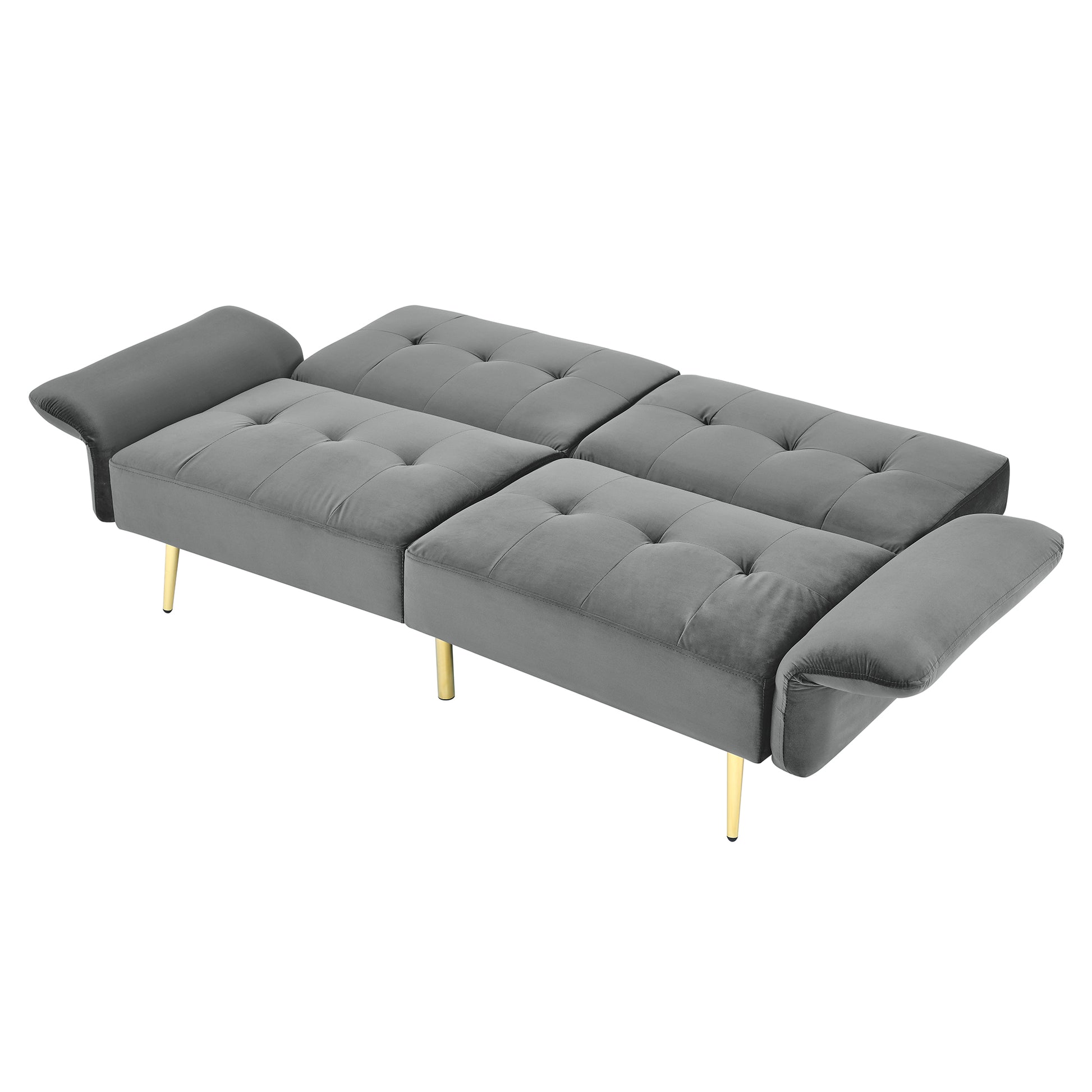 78" Italian Velvet Futon Sofa Bed, Convertible Sleeper Loveseat Couch With Folded Armrests And Storage Bags For Living Room And Small Space, Grey 280G Velvet Gray Foam Solid Wood