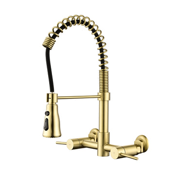 3 Functions Wall Mounted Bridge Kitchen Faucet Gold Brass