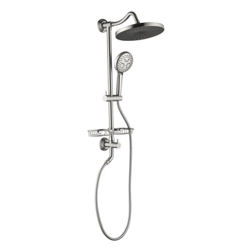 Showerspas Shower System, With 10" Rain Showerhead, 4 Function Hand Shower, Adjustable Slide Bar And Soap Dish Brushed Nickel Brass,Stainless Steel