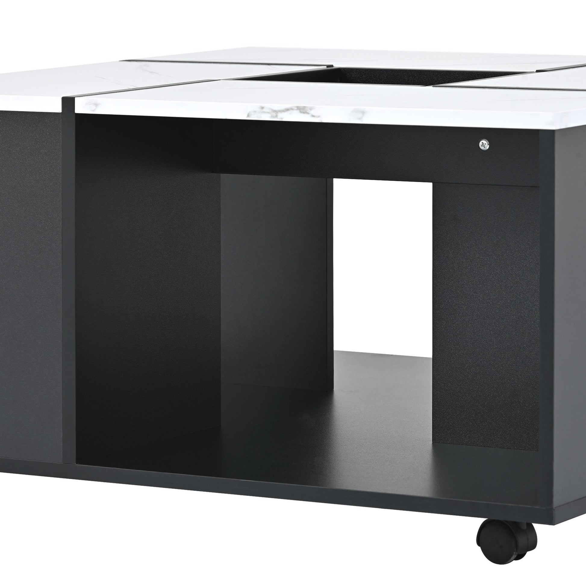 Modern 2 Layer Coffee Table With Casters, Square Cocktail Table With Removable Tray, Uv High Gloss Marble Design Center Table For Living Room, 31.4''X 31.4'' White Black Particle Board