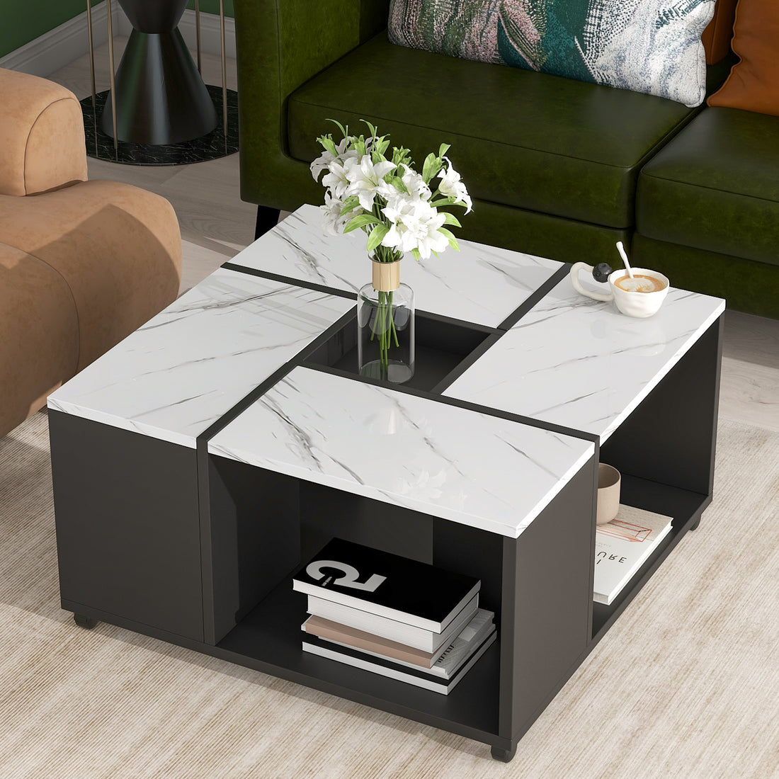 Modern 2 Layer Coffee Table With Casters, Square Cocktail Table With Removable Tray, Uv High Gloss Marble Design Center Table For Living Room, 31.4''X 31.4'' White Black Particle Board