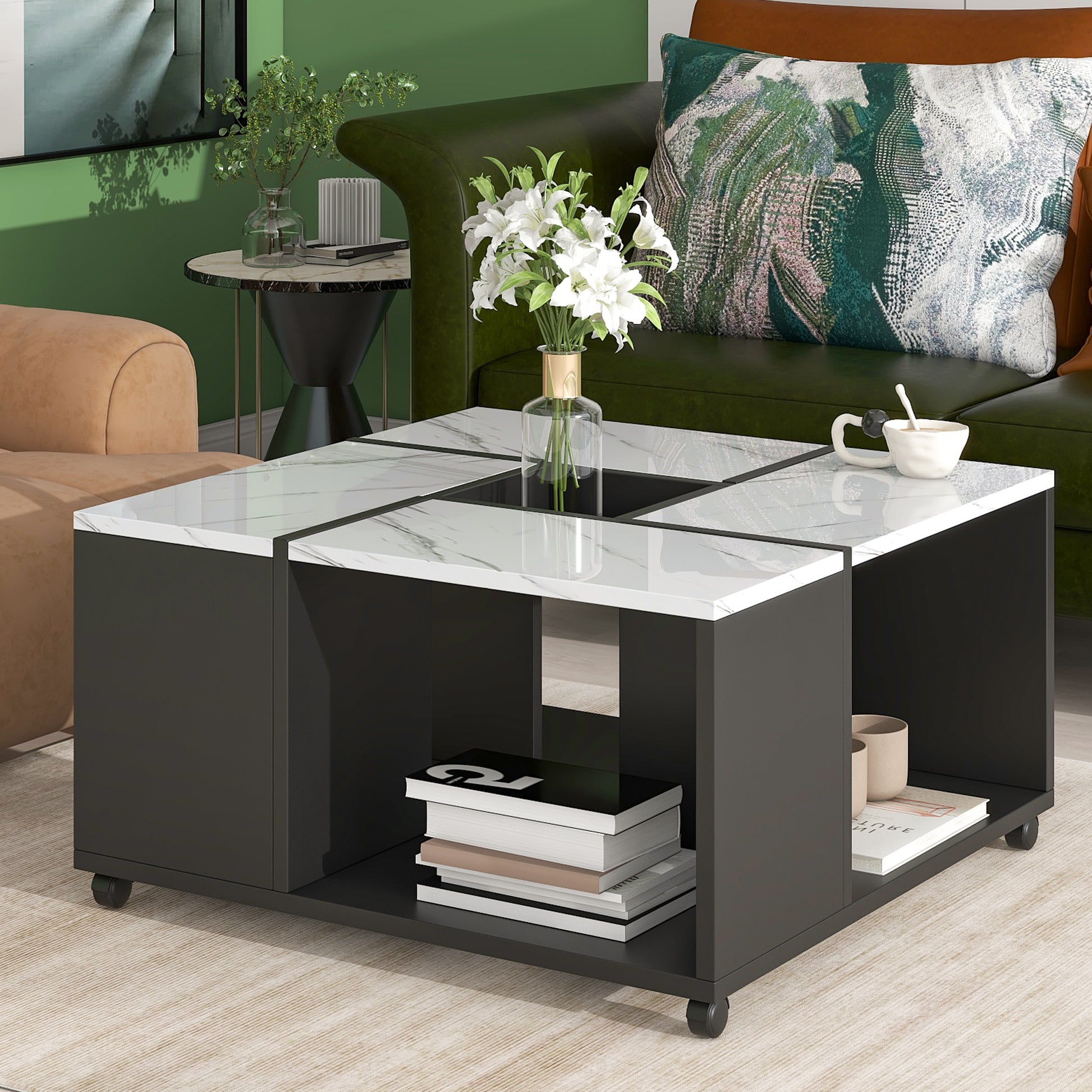 Modern 2 Layer Coffee Table With Casters, Square Cocktail Table With Removable Tray, Uv High Gloss Marble Design Center Table For Living Room, 31.4''X 31.4'' White Black Particle Board