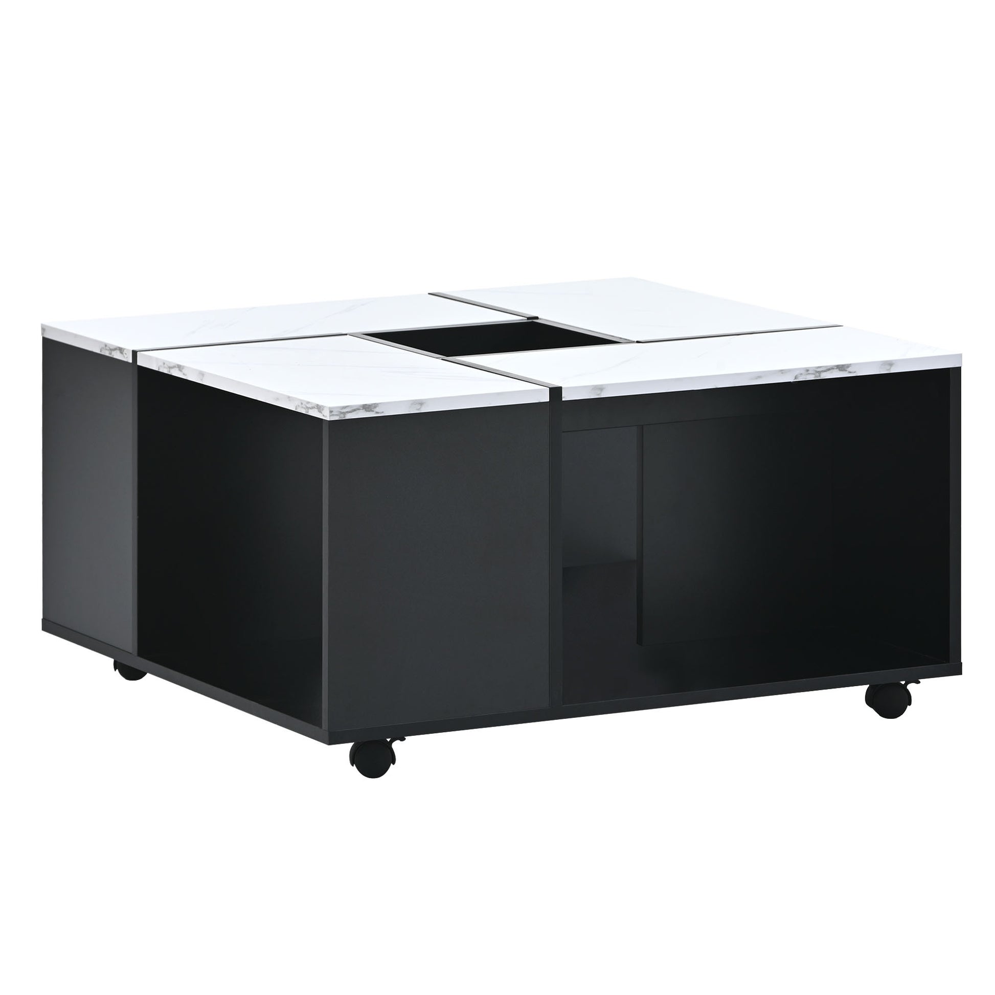 Modern 2 Layer Coffee Table With Casters, Square Cocktail Table With Removable Tray, Uv High Gloss Marble Design Center Table For Living Room, 31.4''X 31.4'' White Black Particle Board