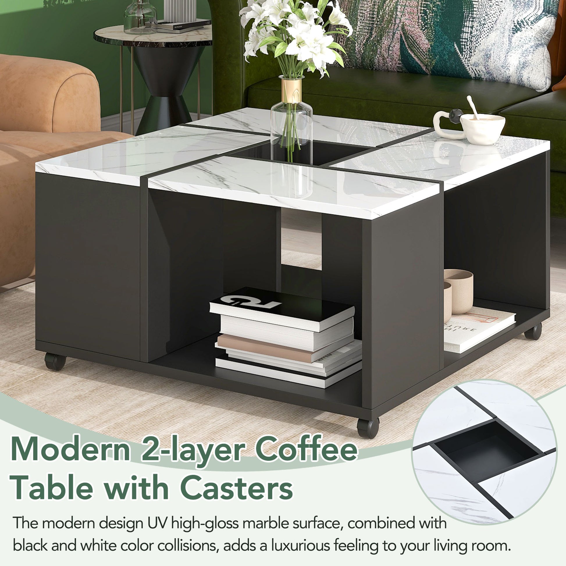 Modern 2 Layer Coffee Table With Casters, Square Cocktail Table With Removable Tray, Uv High Gloss Marble Design Center Table For Living Room, 31.4''X 31.4'' White Black Particle Board