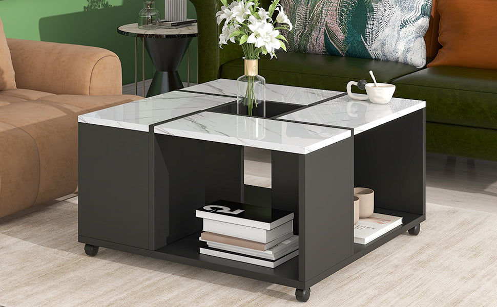 Modern 2 Layer Coffee Table With Casters, Square Cocktail Table With Removable Tray, Uv High Gloss Marble Design Center Table For Living Room, 31.4''X 31.4'' White Black Particle Board