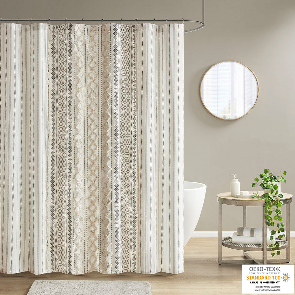 Cotton Printed Shower Curtain With Chenille Ivory Cotton