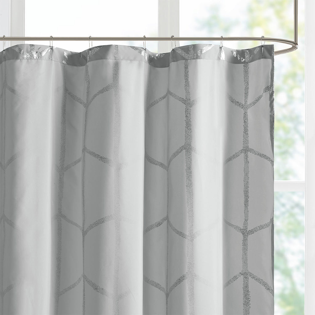 Printed Metallic Shower Curtain Grey Silver Microfiber