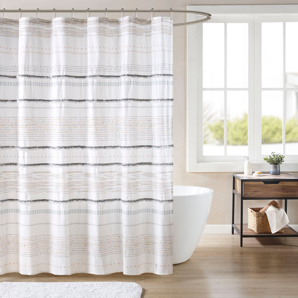 Cotton Printed Shower Curtain With Trims Off White Gray Cotton