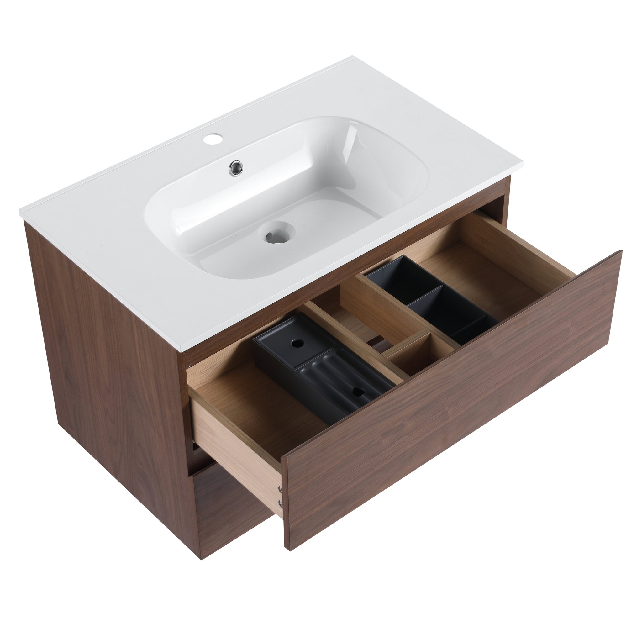 30" Bathroom Vanity With Gel Basin Top, Soft Close brown oak-plywood