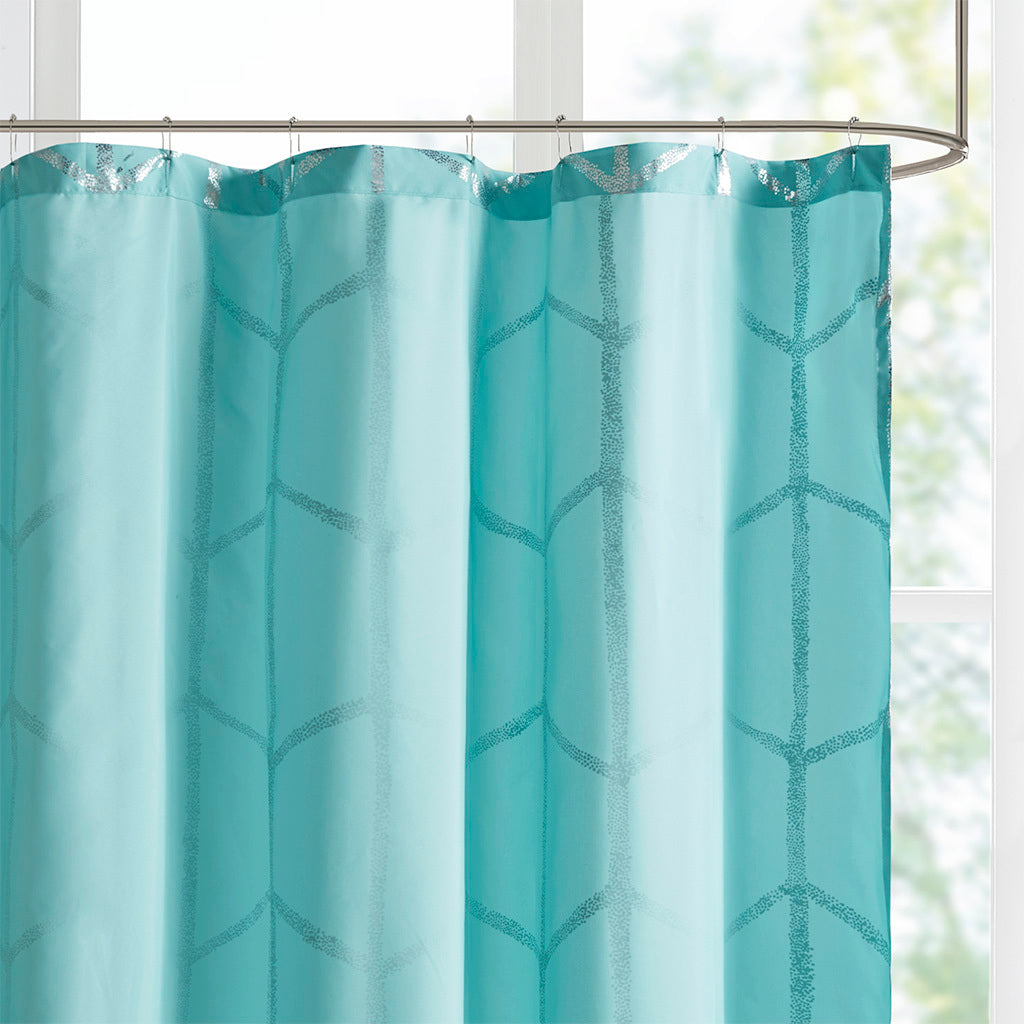 Printed Metallic Shower Curtain Aqua Silver Microfiber