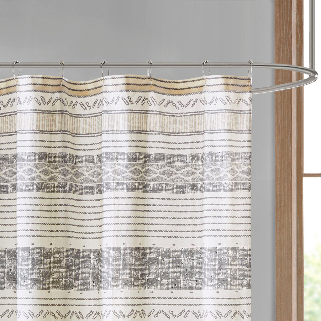 Cotton Stripe Printed Shower Curtain With Tassel Gray Yellow Cotton