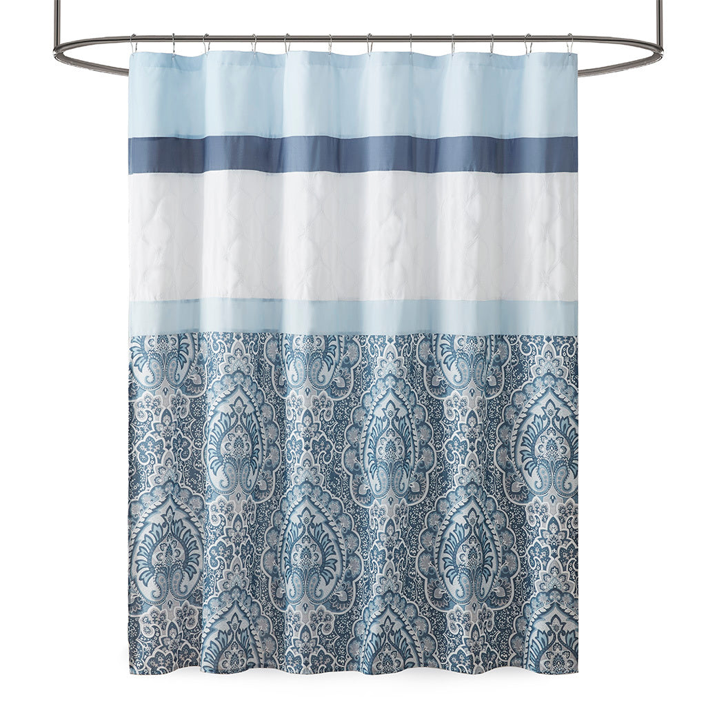 Printed And Embroidered Shower Curtain Blue Microfiber