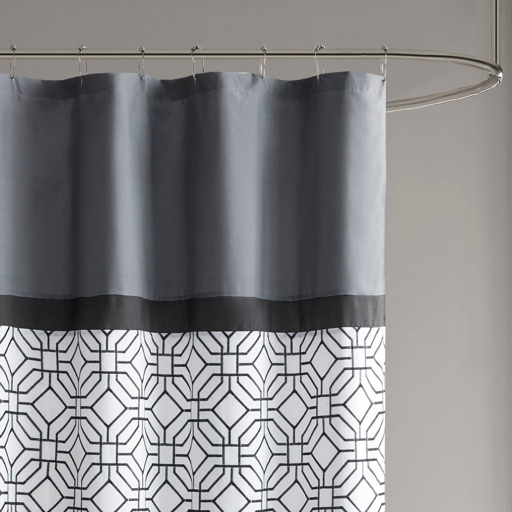 Embroidered And Pieced Shower Curtain Black Grey Polyester