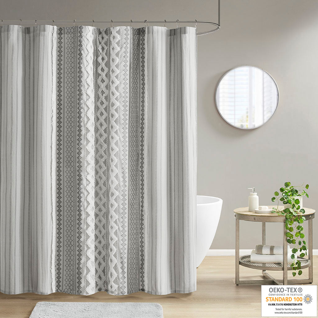 Cotton Printed Shower Curtain With Chenille Gray Cotton