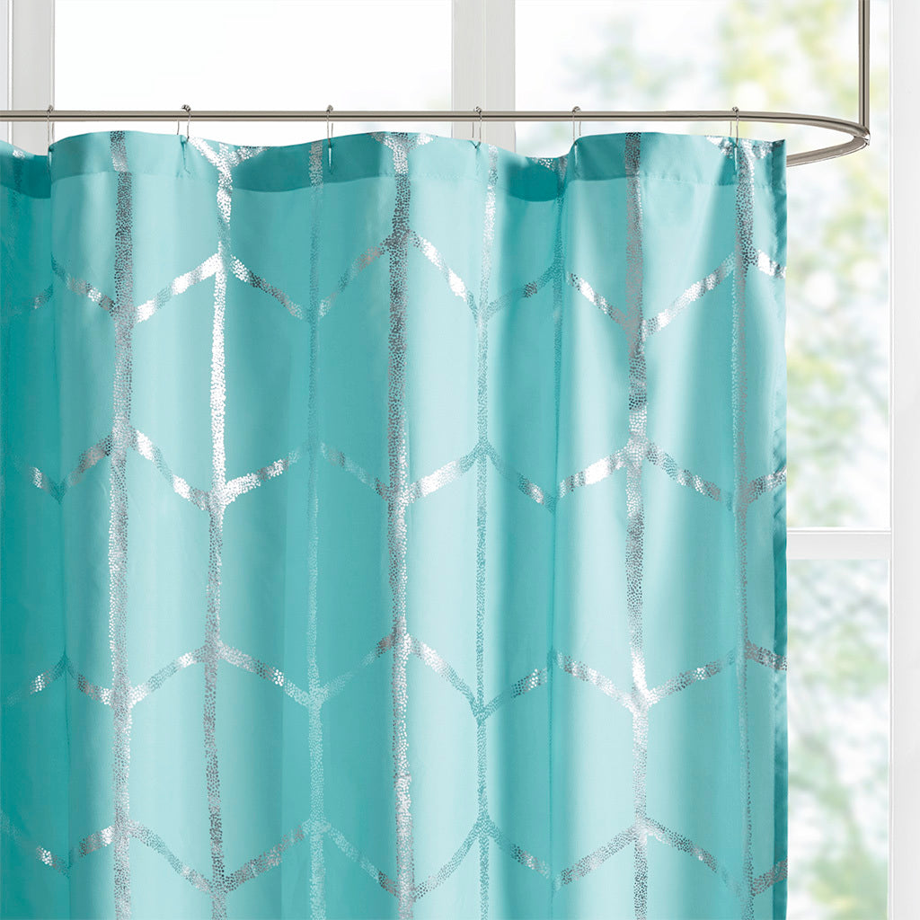 Printed Metallic Shower Curtain Aqua Silver Microfiber