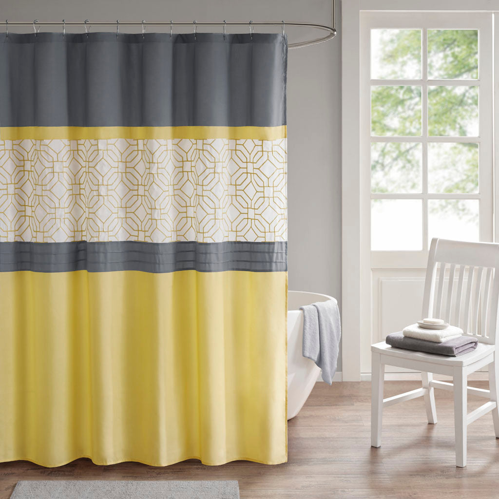 Embroidered And Pieced Shower Curtain Yellow Grey Microfiber