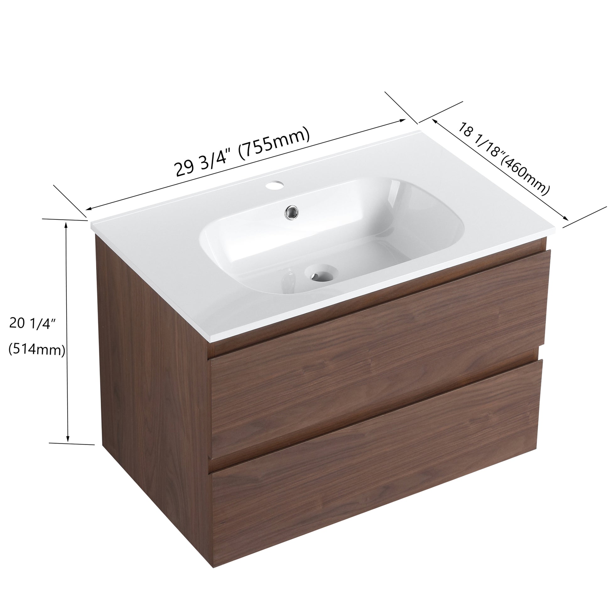 30" Bathroom Vanity With Gel Basin Top, Soft Close brown oak-plywood